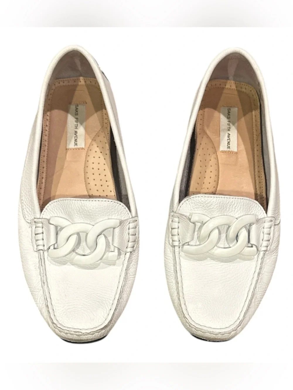 Sak Fifth Avenue White Casual Pebble Leather Loafer Summer Preppy Driving Shoe 9